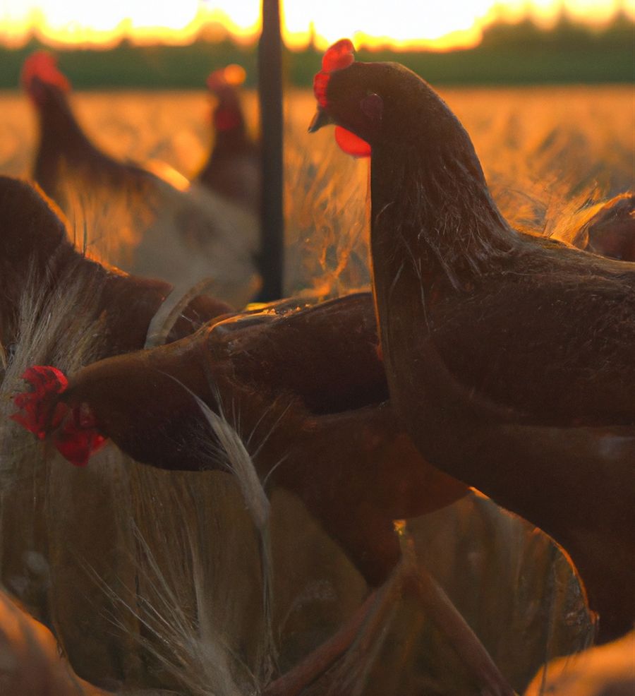Gallinas en el campo al atardecer